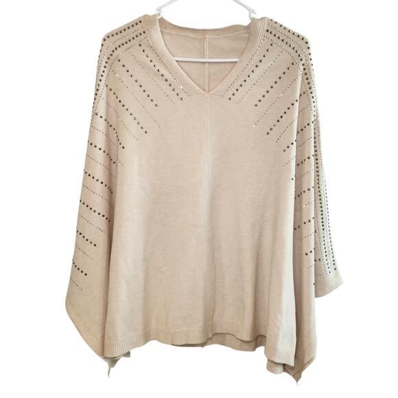 Women's Cream Knit Shawl with Rhinestones Sweater Poncho, Size L - Picture 1 of 4